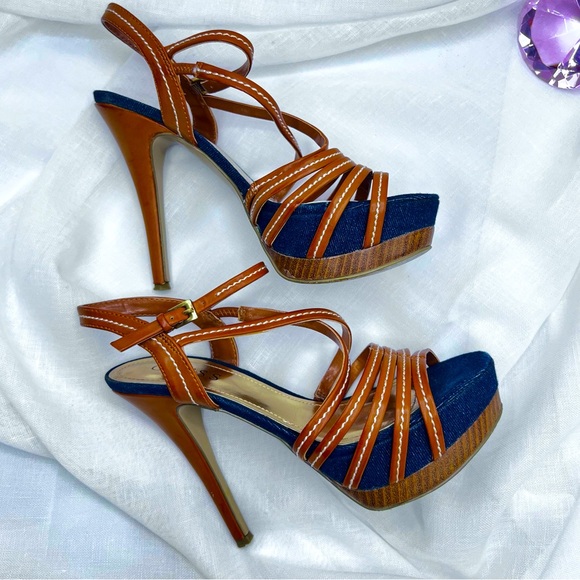Guess Shoes - Guess WGarnelle-T Vegan Leather & Denim Strappy Heels
